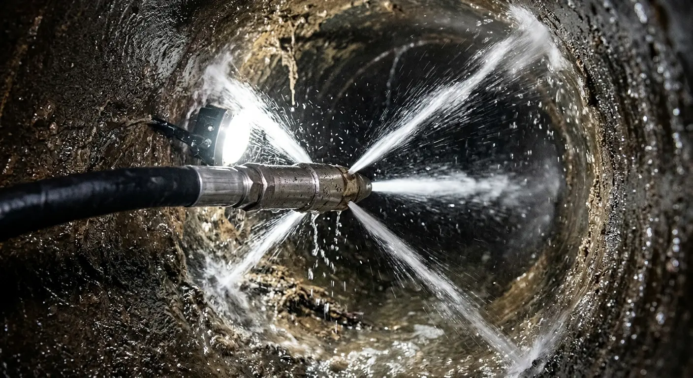 High-pressure hydro jetting nozzle cleaning sewer pipe for Emergency Drain Service in Bargersville