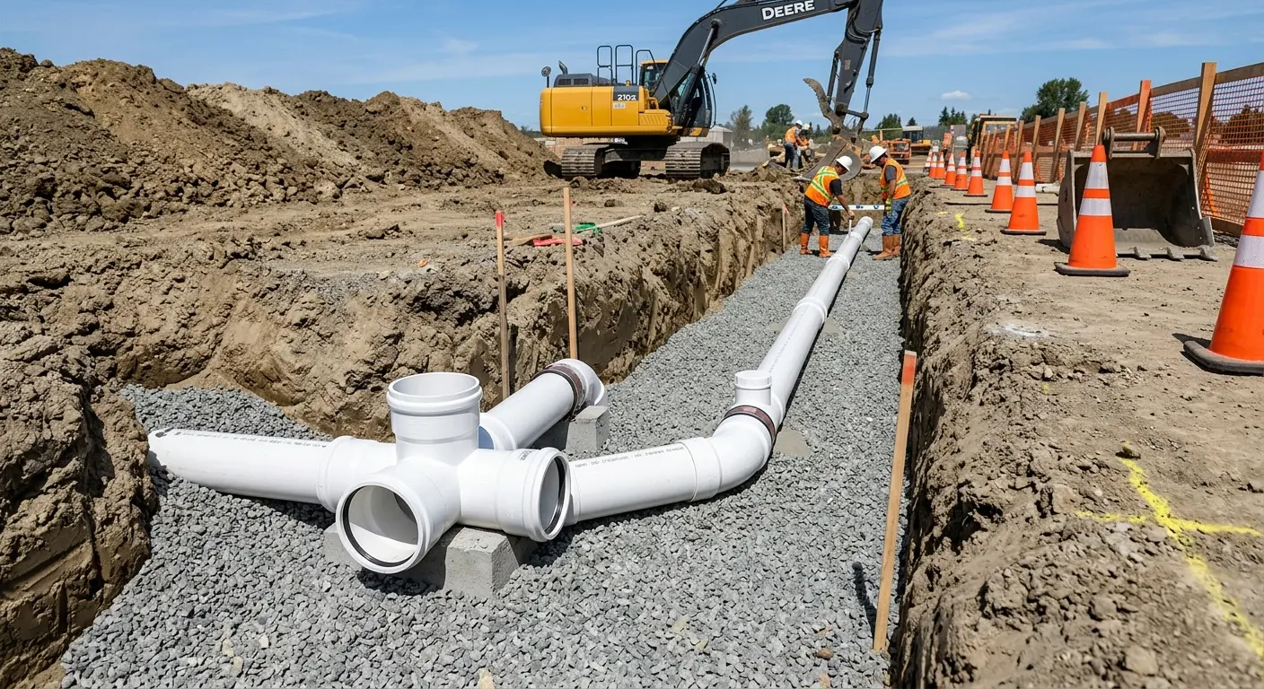 New PVC sewer pipe installation in open trench for Sewer Backup in Bargersville