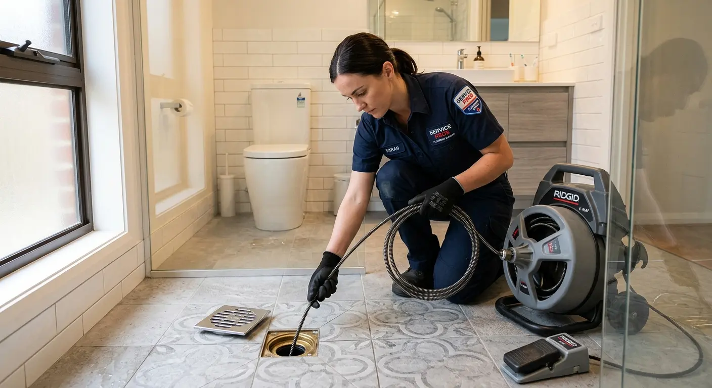 Technician clearing a bathroom floor drain for Sewer Line Replacement in Bargersville